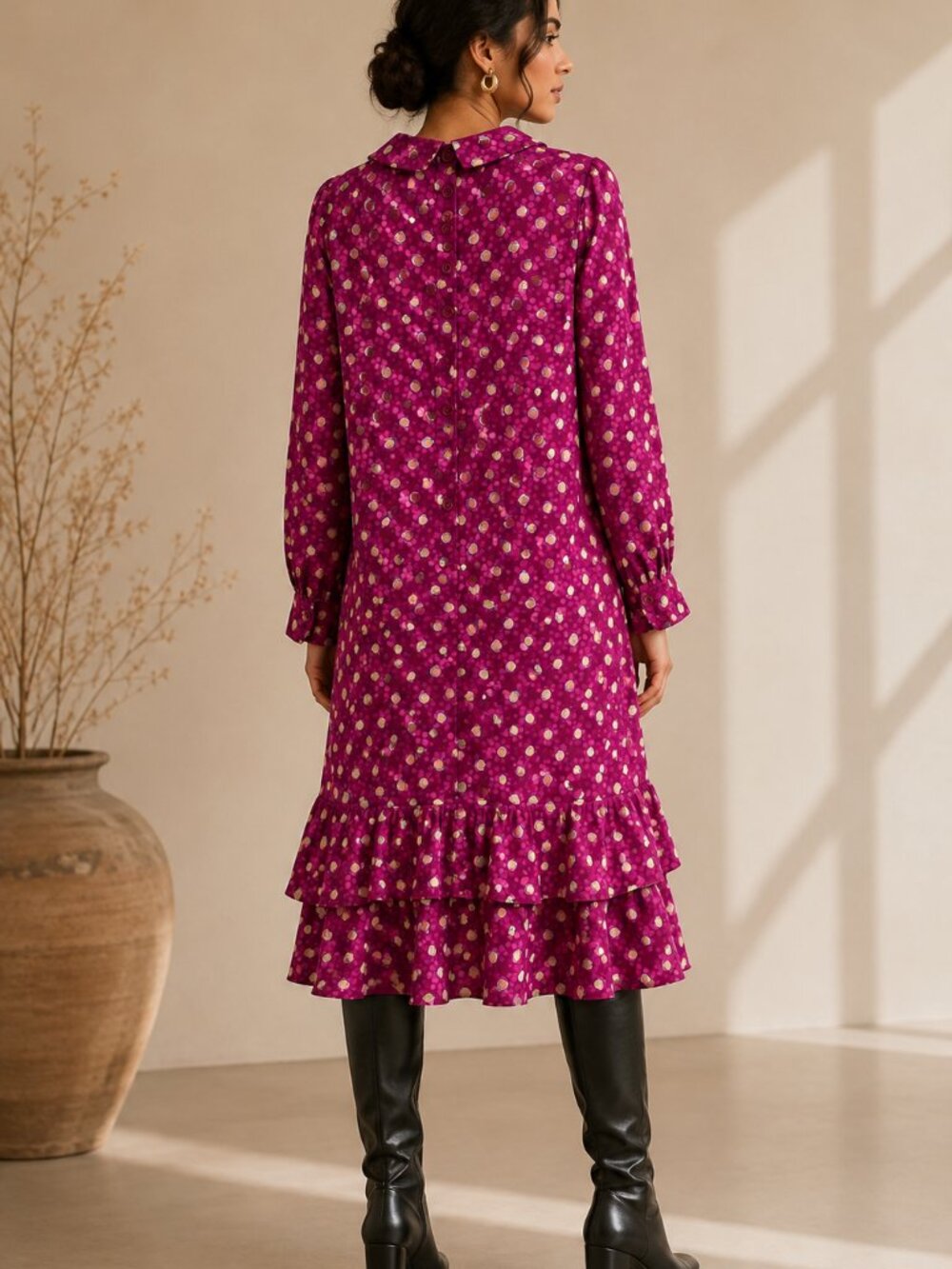 Vintage Helga for I. Magnin Fuchsia Polka Dot Ruffle Midi Dress Size 12 - Picture 2 of 6